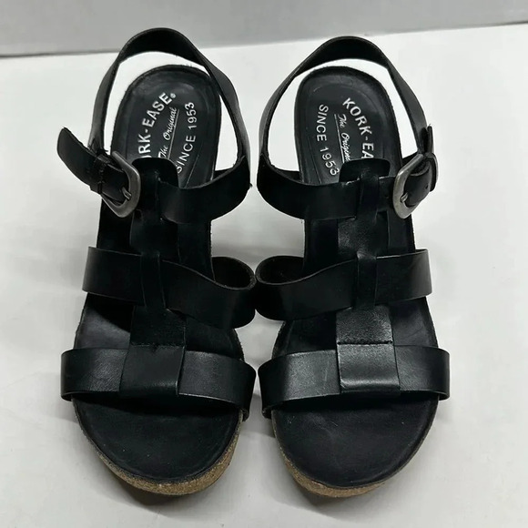 Kork-Ease Strappy Heeled Platform Sandals T-Strap Black Leather Size 36 6 - Picture 2 of 11